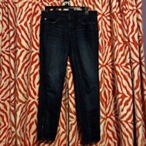 Slim dark wash jeans with zippered leg openings,  sits at natural waist, Size 4